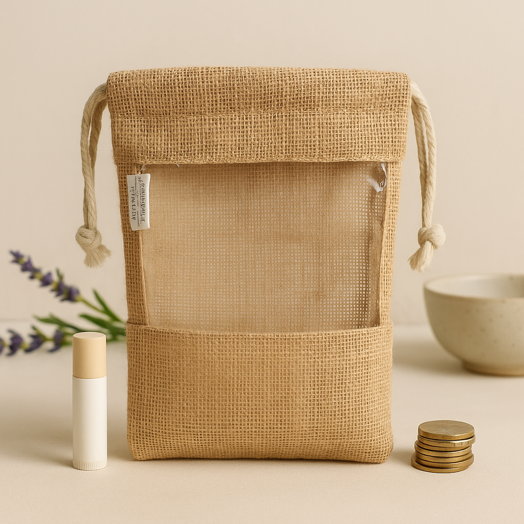 Borsa in juta con finestra trasparente e coulisse, 25x16cm