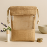 Borsa in juta con finestra trasparente e coulisse, 25x16cm
