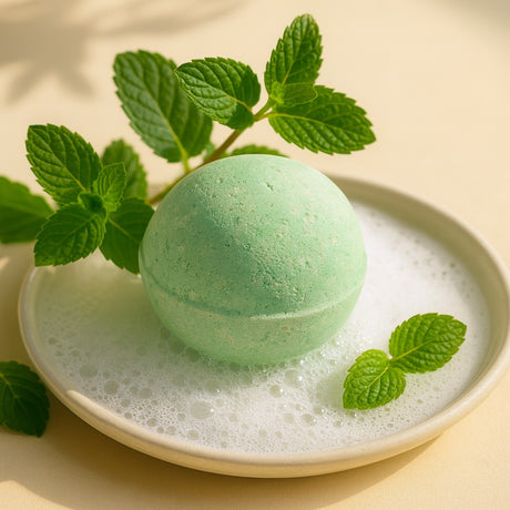 Green bath bomb on a plate with foam and mint leaves on a beige background