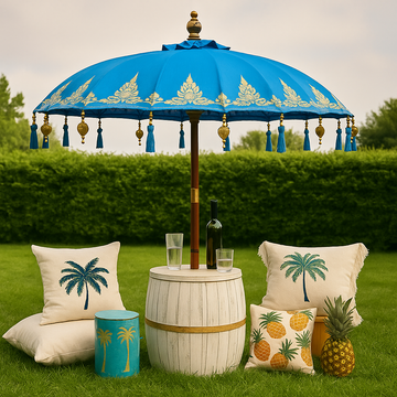 Ombrellone da Giardino 2m Turchese con Motivi Bali
