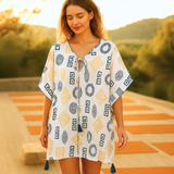 Nomad Sari On the Med Collection – Kaftan – Griechisches Motiv in Gold und Blau – handbemalt
