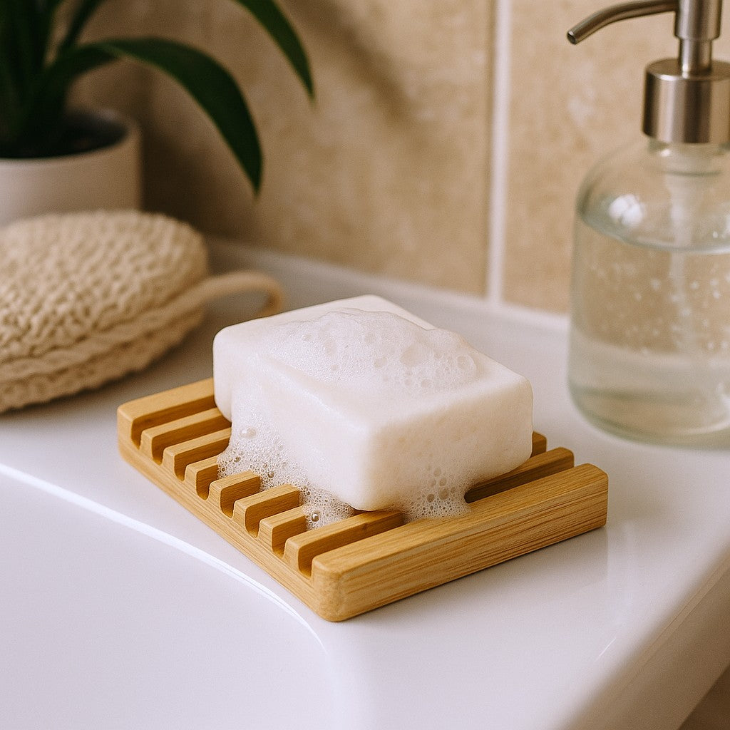 Bar of soap on a wooden soap dish with a plant and dispenser in the background