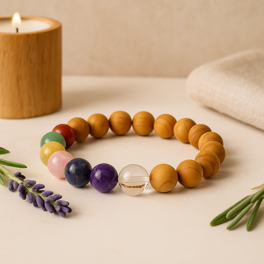 7 Chakrastenarmband Cederträpärlor