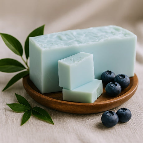 Green soap bars on a wooden plate with blueberries and leaves on a beige background