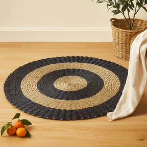 Seagrass Rug Round Black and Tan Circles 1m