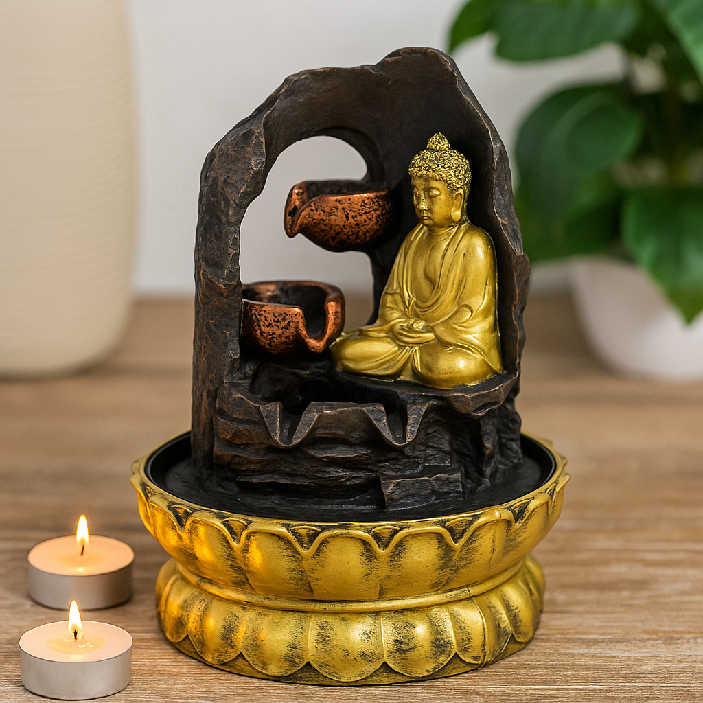 Tafel Fontein, 30cm Gouden Mediterende Boeddha