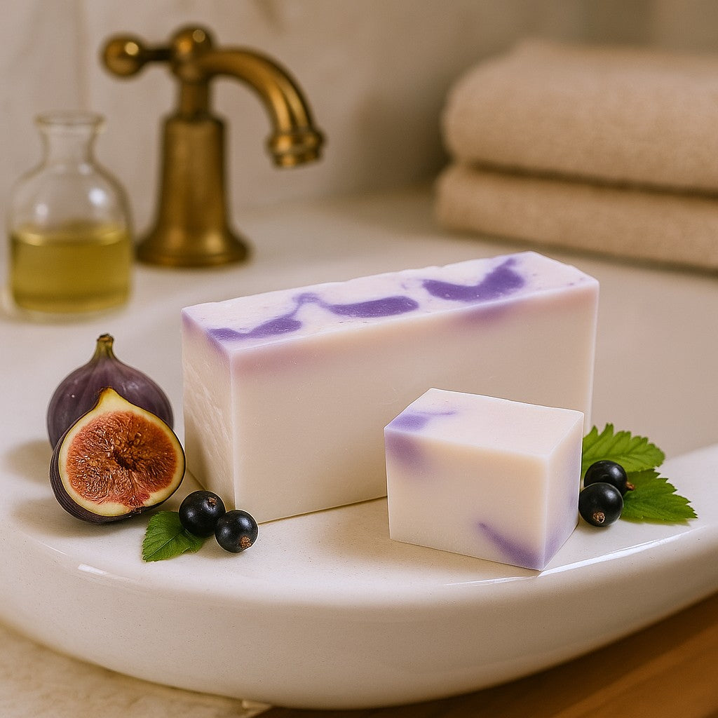 Two bars of soap with purple specks on a bathroom counter with figs and blackberries.