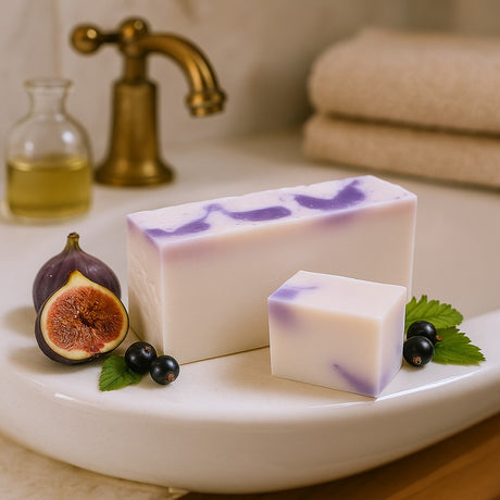 Two bars of soap with purple specks on a bathroom counter with figs and blackberries.