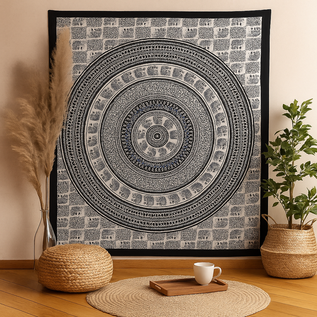 Double Cotton Bedspread and Wall Hanging, Elephant Mandala