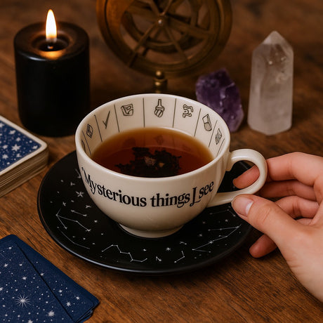 Teacup with 'Mysterious things I see' text on a wooden table with mystical items.