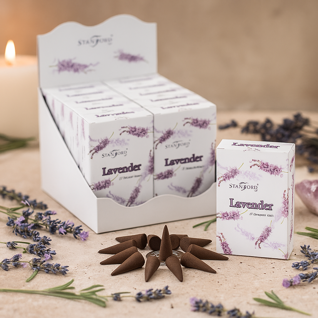 Lavendel rökelsekoner, 15-pack med hållare Stamford