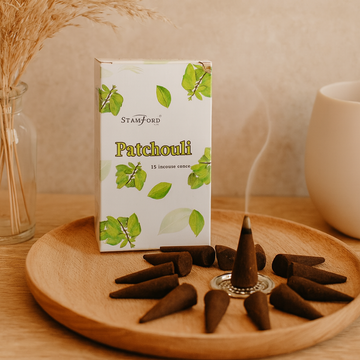 Patchouli wierookkegels set van 15 met houder