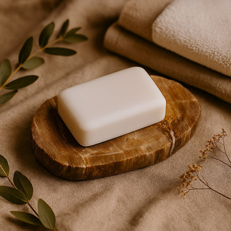 Bar of soap on a wooden dish with a towel and leaves in the background