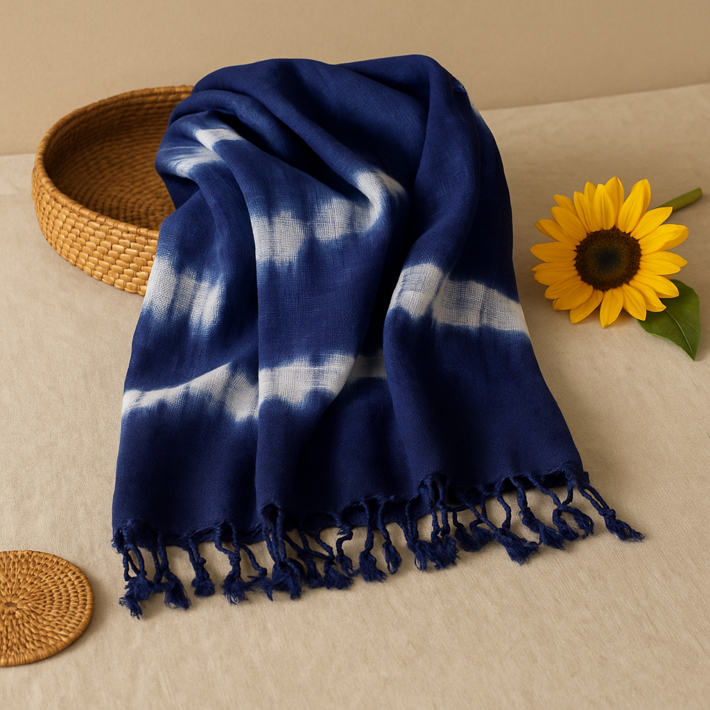 Indigo Shibori-Inspired Lightweight Scarf Wrap Shawl with Tassels