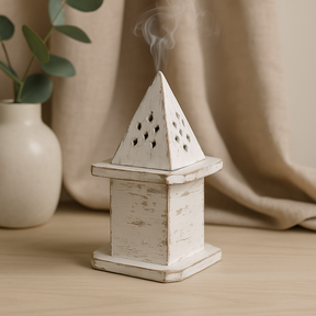 Porta incienso Pirámide Blanca Lavada Mini Casa