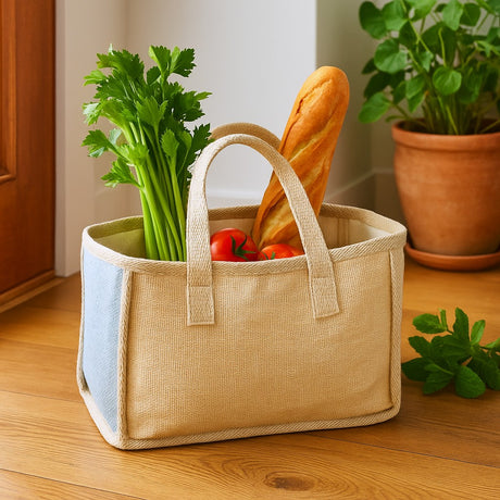 Beige tote bag with groceries on a wooden floor