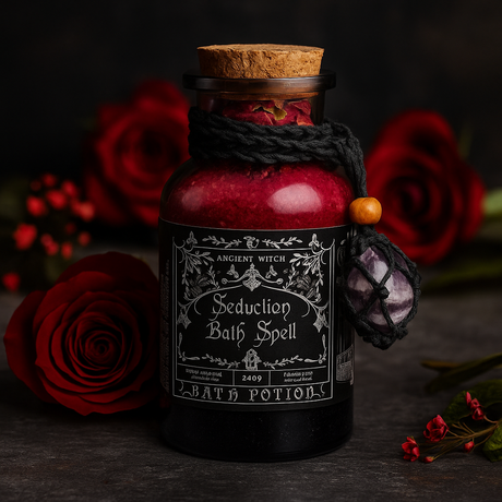 Ancient Witch Bath Spell Potion & Amethyst Crystal Amulet – Seduction