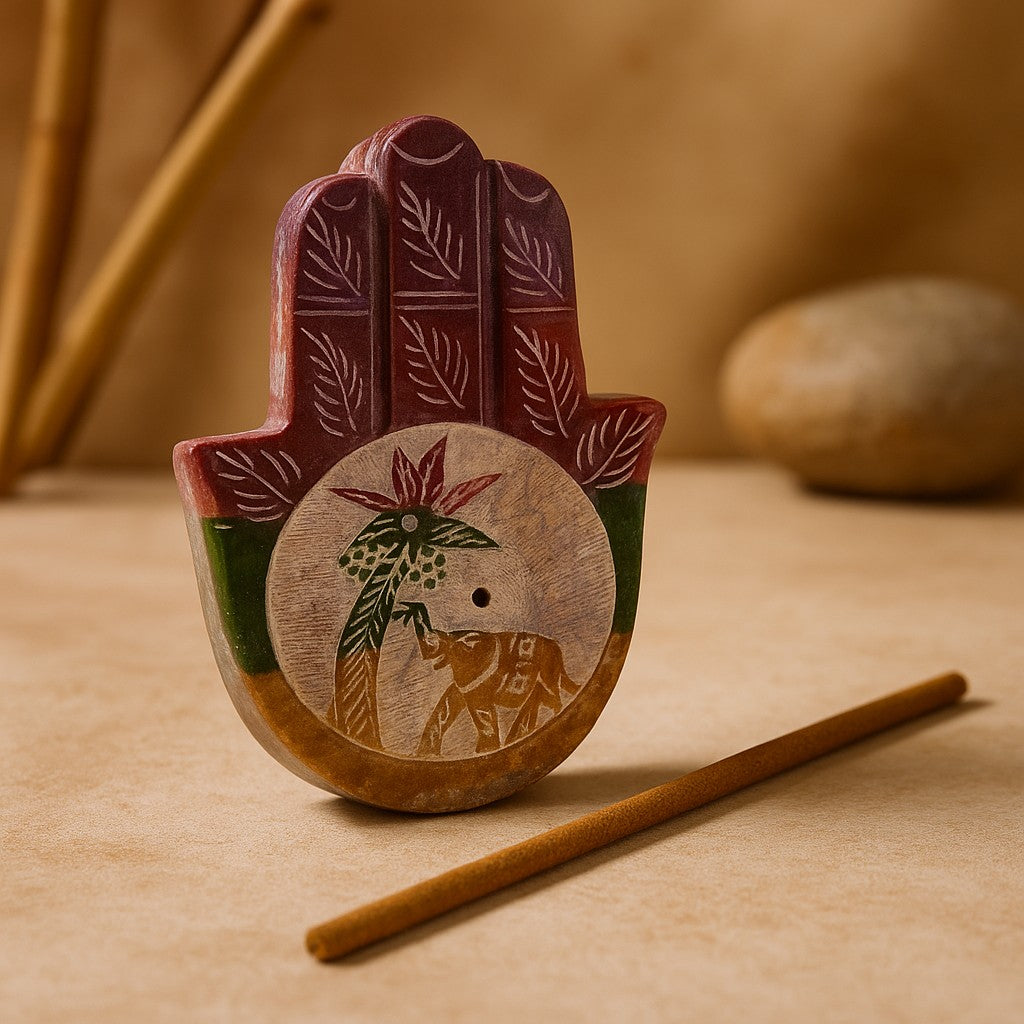 Portaincenso in pietra ollare Hamsa Elefante e Palma 9x6cm