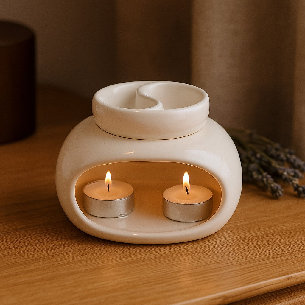 Suport pentru ulei dublu ceramic alb murdar