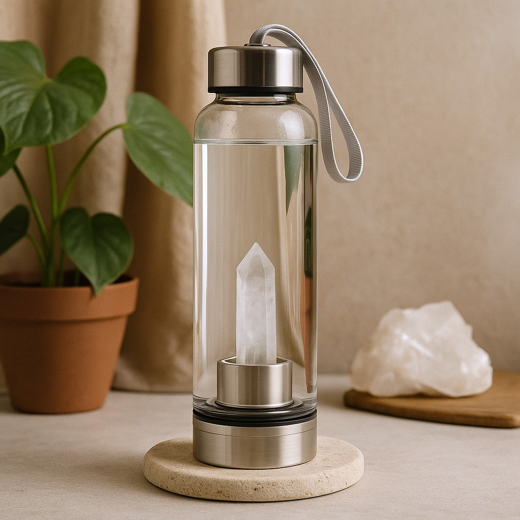 Kristallwasserflasche mit klarem Quarz, energetisierend