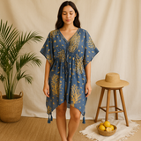 Kaftan Blå Guld Koraller Genbrugt Sari One Size