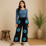 Japanese Shibori Tie-Dye Wide-Leg Lounge Pants, Black/Aqua