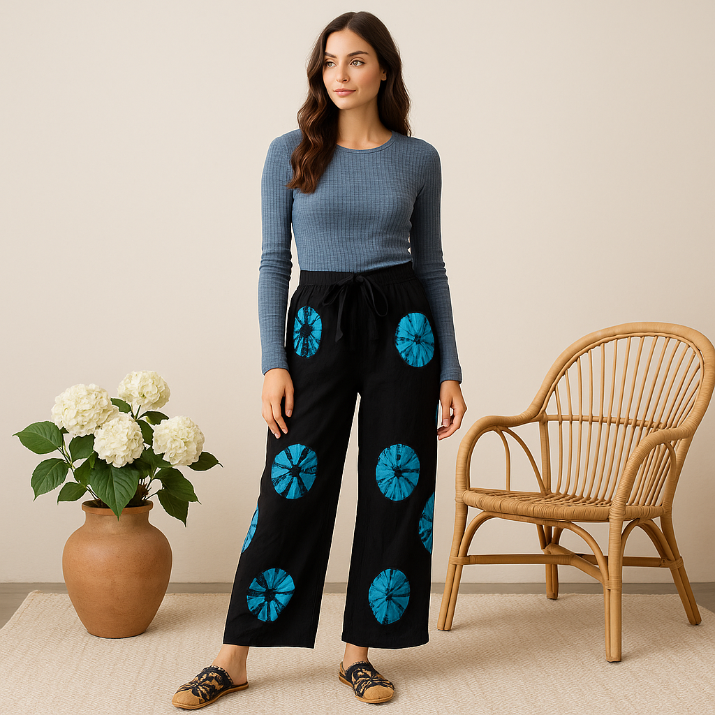 Shibori-Inspired Wide-Leg Lounge Pants Black/Blue Medium