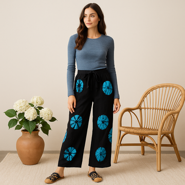 Szerokie spodnie do relaksu inspirowane shibori, czarno-niebieskie, rozmiar M