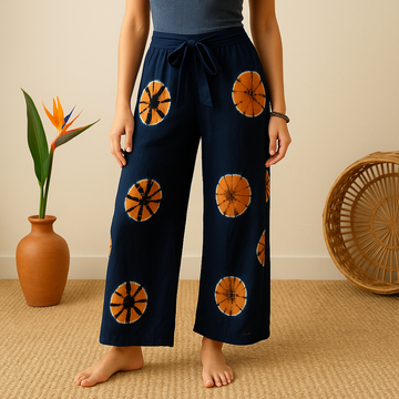 Høj talje shibori tie-dye vidde bukser navy/orange