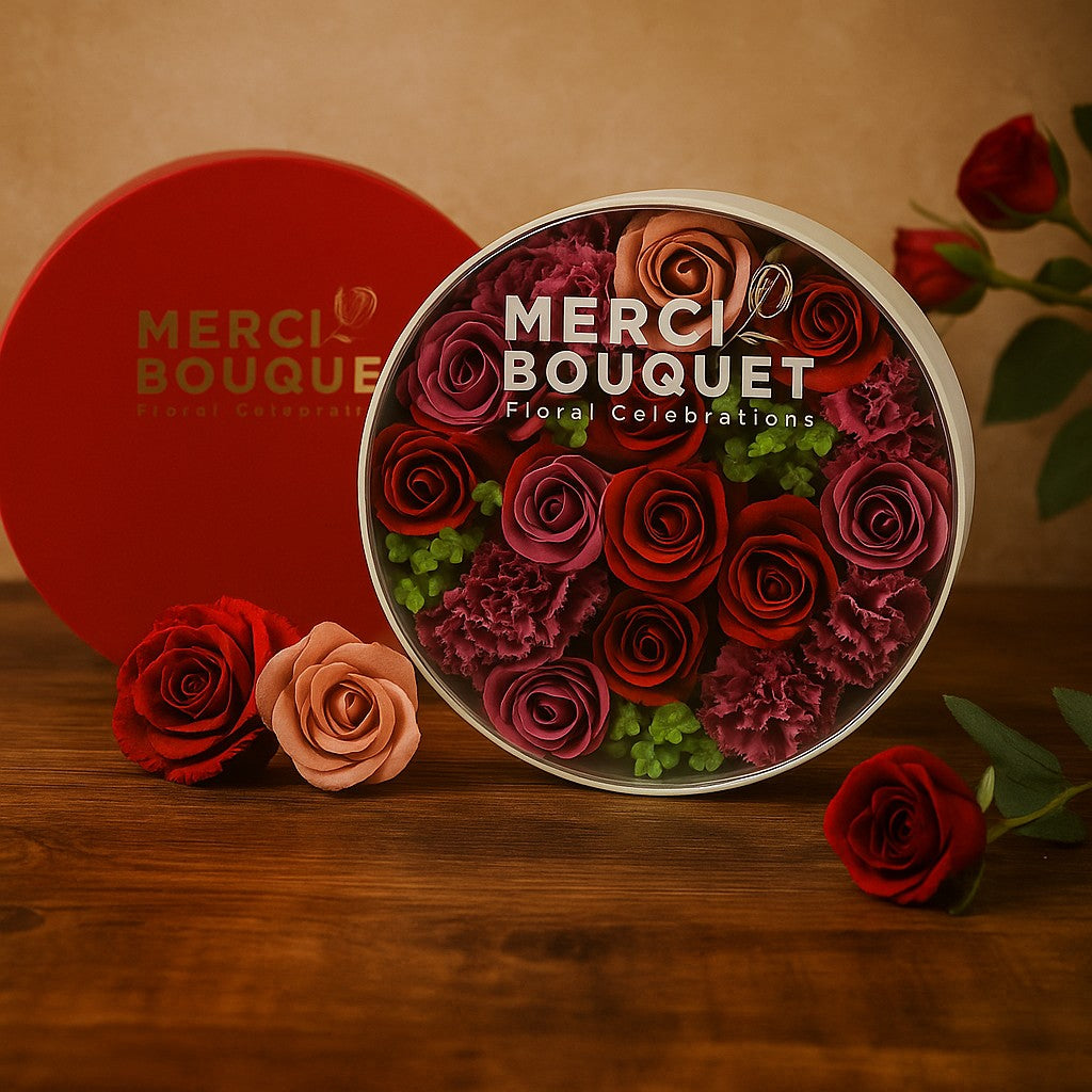 Merci Bouquet floral arrangement in a round container with a red heart-shaped box in the background.