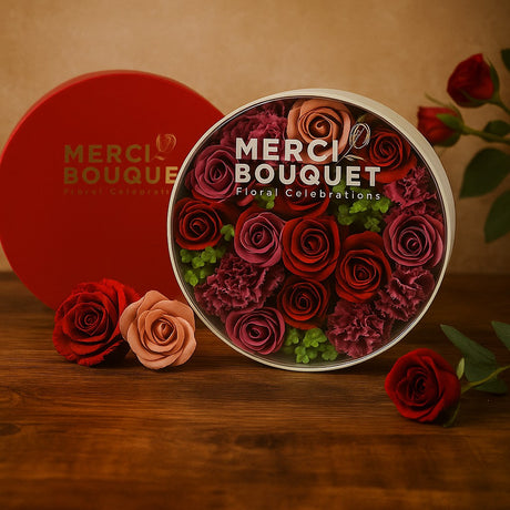 Merci Bouquet floral arrangement in a round container with a red heart-shaped box in the background.