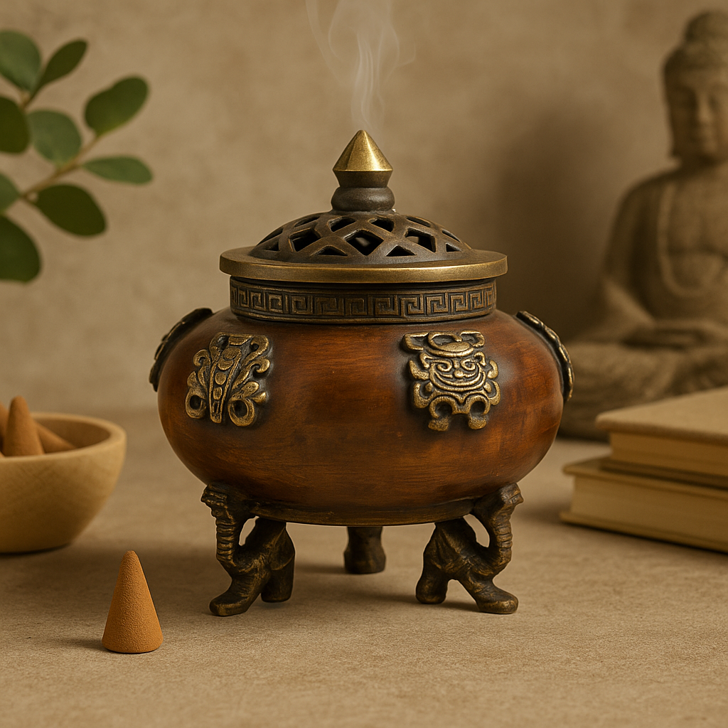 Tibetaanse messing wierookbrander, pot met zes symbolen