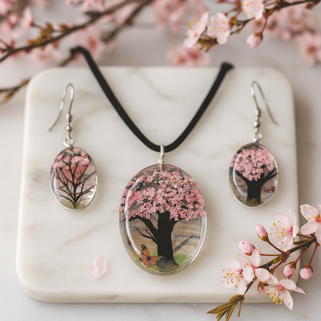 Bijoux en fleurs pressées 2 pièces Arbre de vie rose