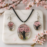 Bijoux en fleurs pressées 2 pièces Arbre de vie rose