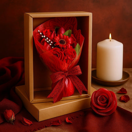 Bouquet of red roses in a box with a lit candle on a brown background
