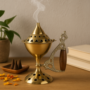 Incense Burner Large Brass Cone With Wooden Handle