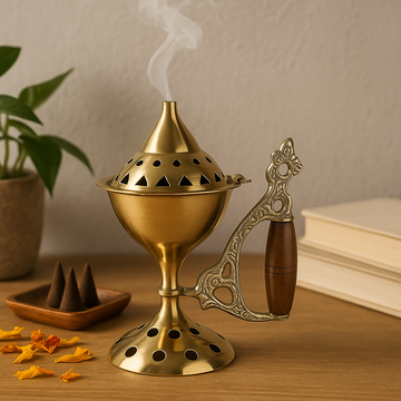 Incense Burner Large Brass Cone With Wooden Handle