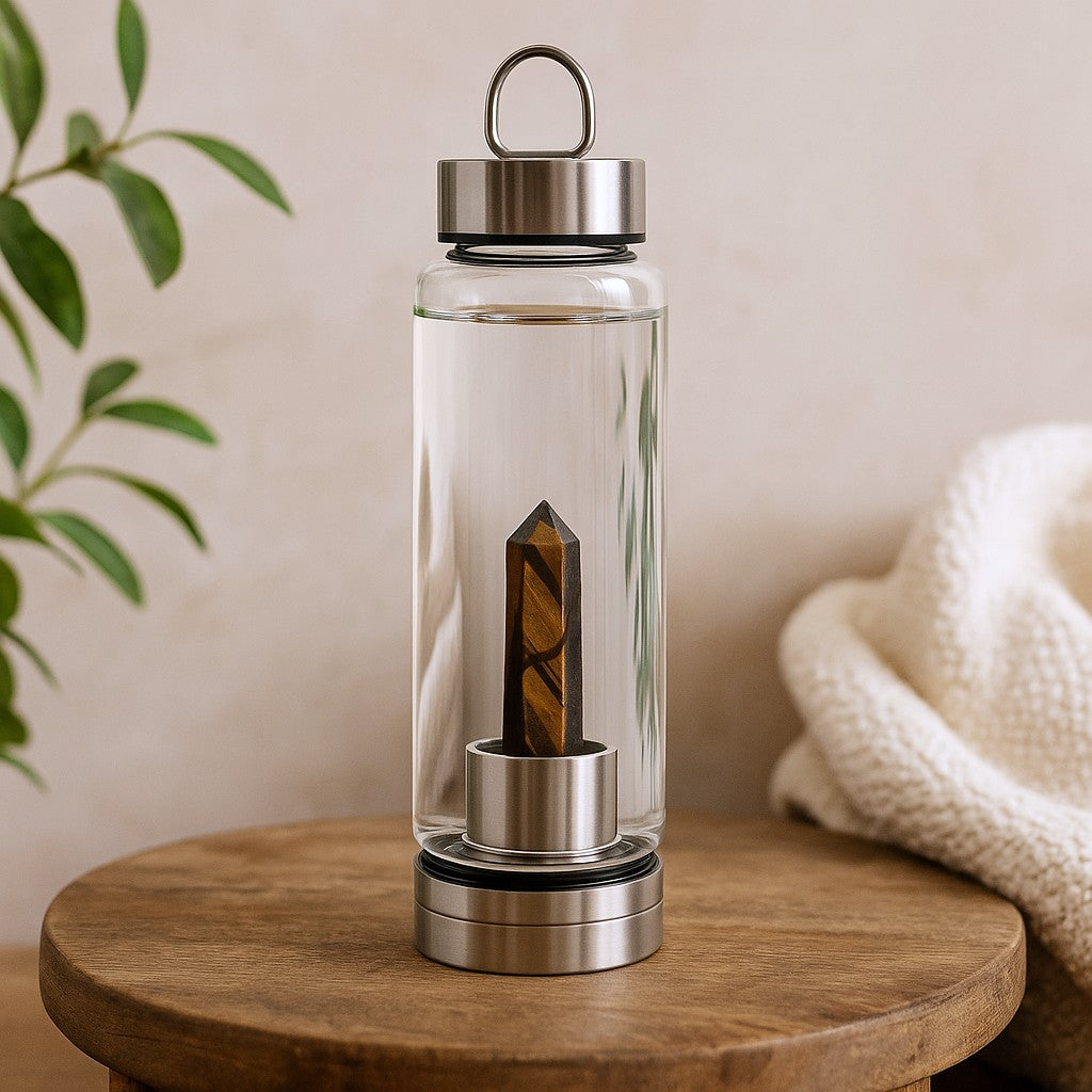 Crystal Infused Glass Water Bottle, Tiger's Eye Obelisk