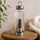 Crystal Infused Glass Water Bottle, Tiger's Eye Obelisk