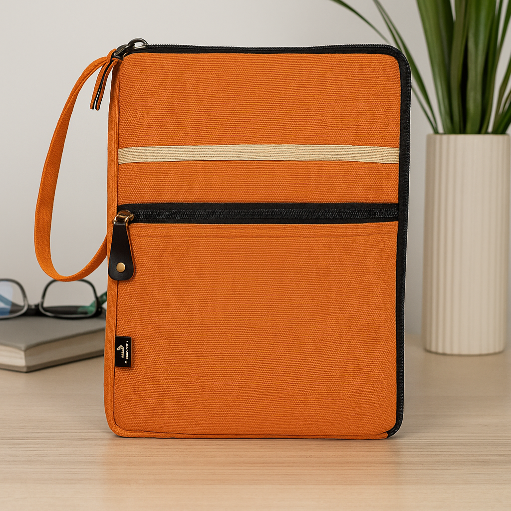 Stilvolle orangefarbene Laptop-Reisetasche aus Canvas mit Schnellzugriffsdesign und zusätzlichem Fach