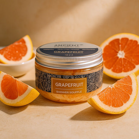 Jar of grapefruit shower souffle with grapefruit slices on a beige background