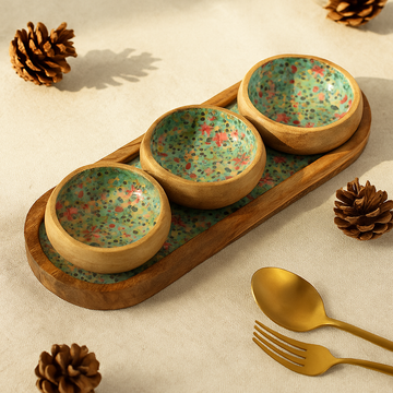 Serving Tray With 3 Ceramic Bowls, Mango Wood