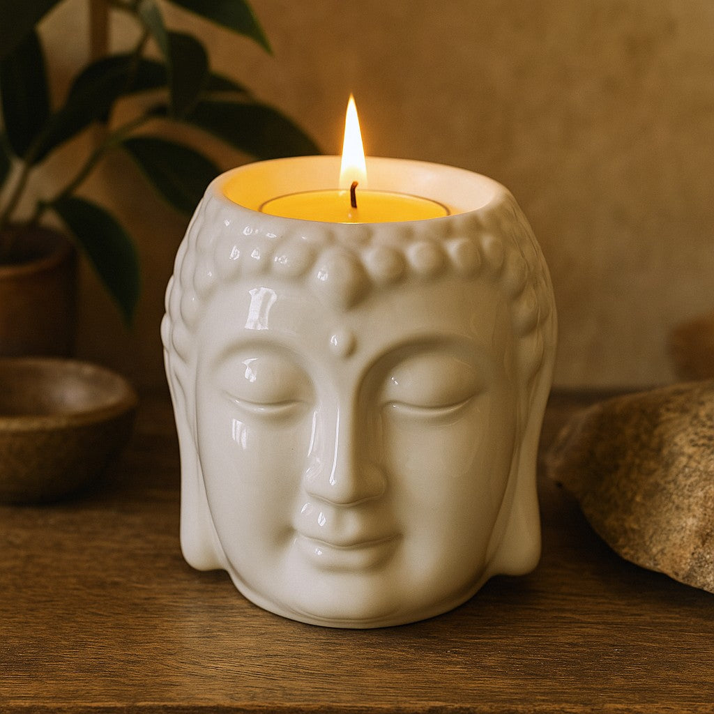 Palnik na olejek z tealight w kształcie głowy Buddy, biały ceramiczny