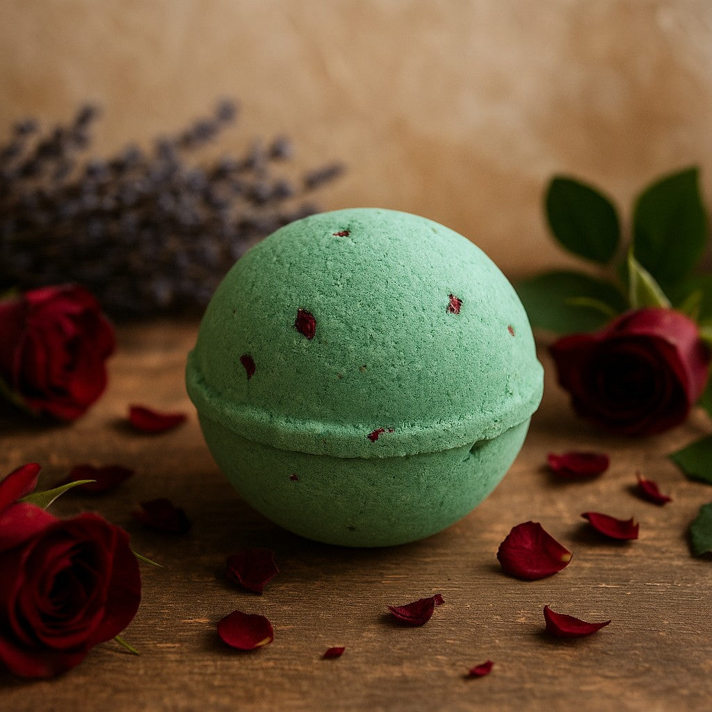 Green bath bomb with red rose petals on a wooden surface