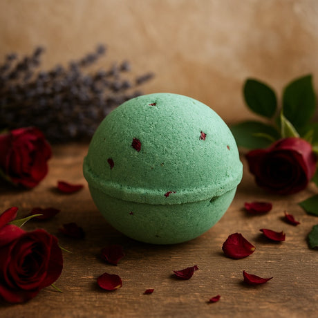 Green bath bomb with red rose petals on a wooden surface