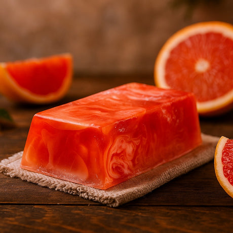 Bar of red soap with grapefruit slices on a wooden surface