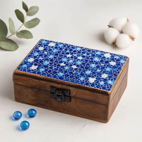 Ceramic Glazed Mango Wood Box Blue Stars 15x10x6cm