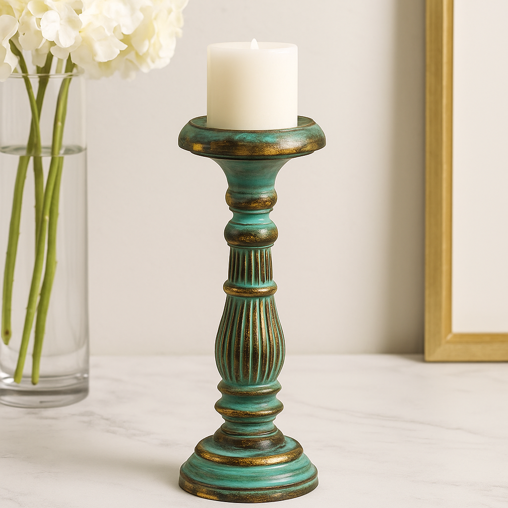 Wooden Candlestick Holder Medium Turquoise Gold