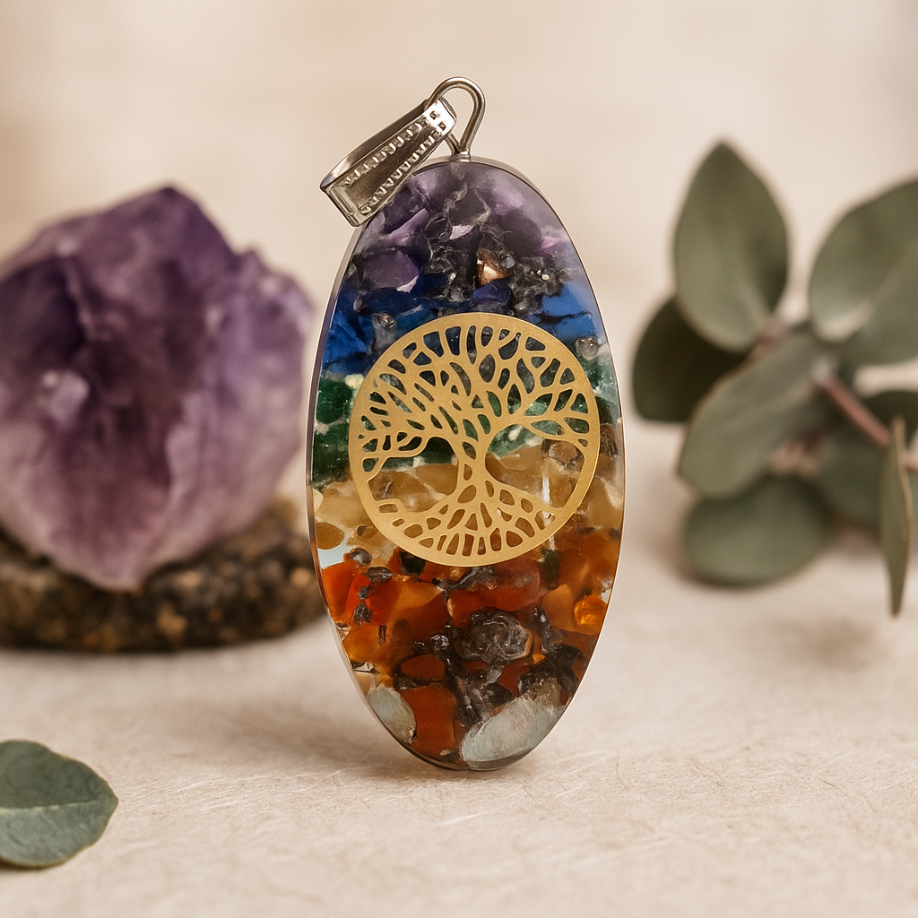 Orgonit-Anhänger - Kraft 7 Steinchakra Oval mit Baum