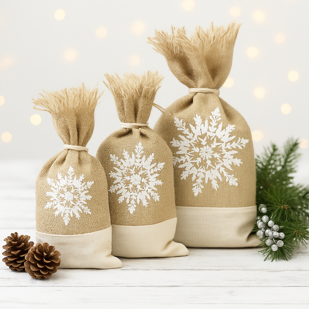 Jutowe świąteczne woreczki na prezenty Zestaw 3 sztuk ze śnieżynką